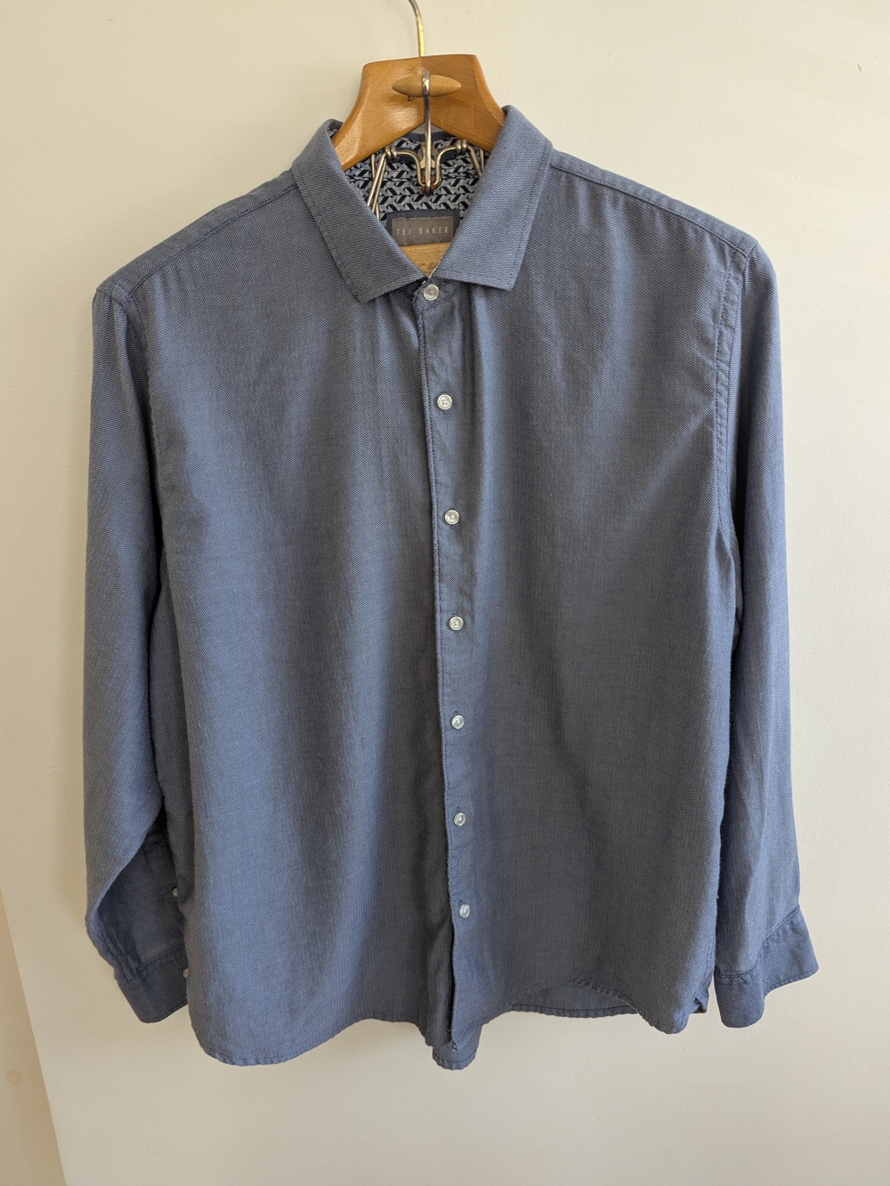 Ted Baker Blue Herringbone Long Sleeve Button-Up Shirt Size XXL Contrast Trim
